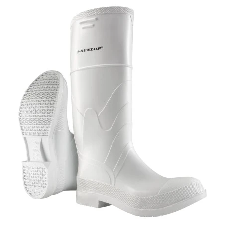 Waterproof white PVC Dunlop boots with steel toes and anti-slip soles
