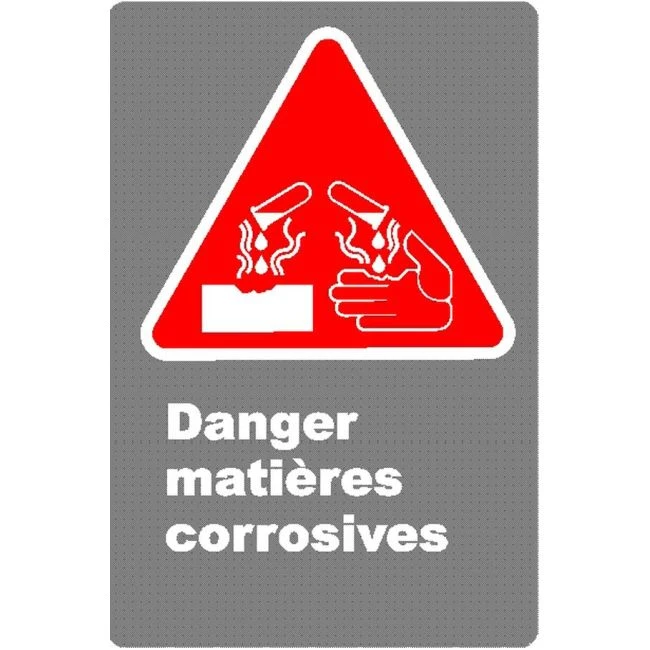 French CDN "Danger Corrosive Material" sign in various sizes shapes