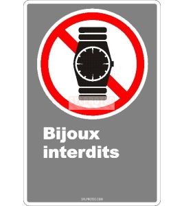 Affiche CDN «Bijoux interdits»montre, de langue française: formats variés, matériaux divers, d’autres langues & options