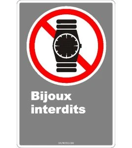 French CDN "No Jewelry Allowed with pictogram of a watch sign in various sizes, materials & languages