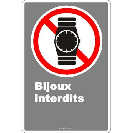 French CDN "No Jewelry Allowed with pictogram of a watch sign in various sizes, materials & languages