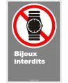 French CDN "No Jewelry Allowed with pictogram of a watch sign in various sizes, materials & languages