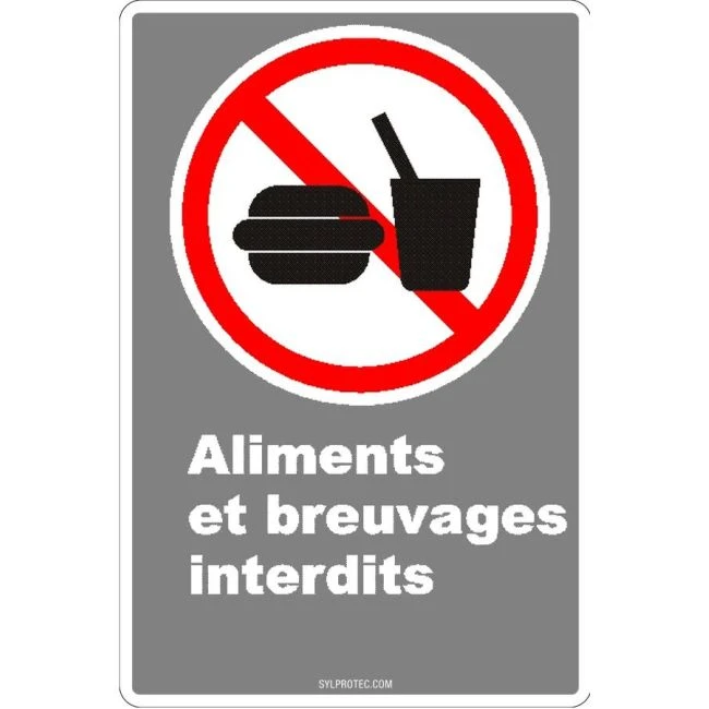 French CDN "No Food or Drink" sign in various sizes, shapes, materials & languages + optional features