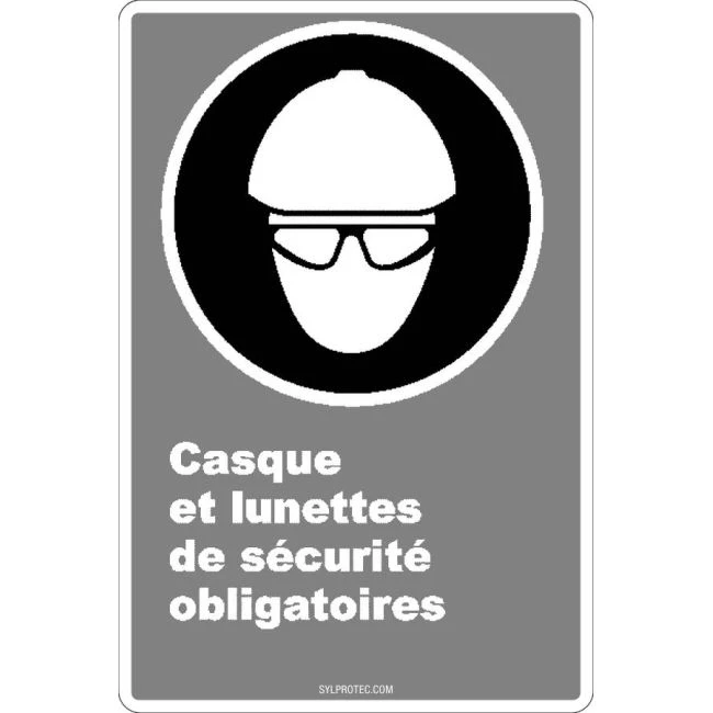 French CDN "Safety Helmet And Glasses Mandatory" sign: many sizes, shapes, materials & languages + optional features