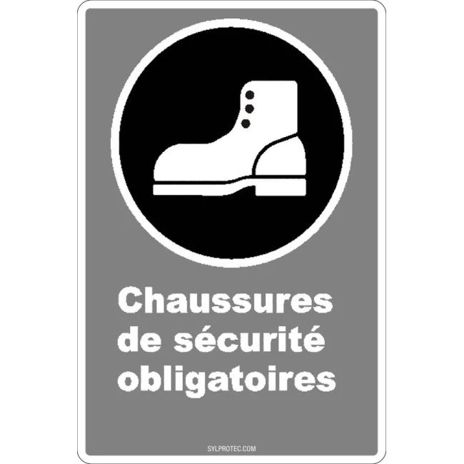 French CDN "Safety Footwear Mandatory" sign in various sizes, shapes, materials & languages + optional features