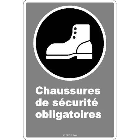 French CDN "Safety Footwear Mandatory" sign in various sizes, shapes, materials & languages + optional features