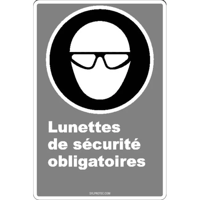 French CDN "Safety Eyewear Mandatory" sign in various sizes, shapes, materials & languages + optional features