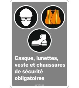 French CDN " Wearing a helmet, glasses, bib and boots is mandatory " sign: many sizes, shapes, materials & languages