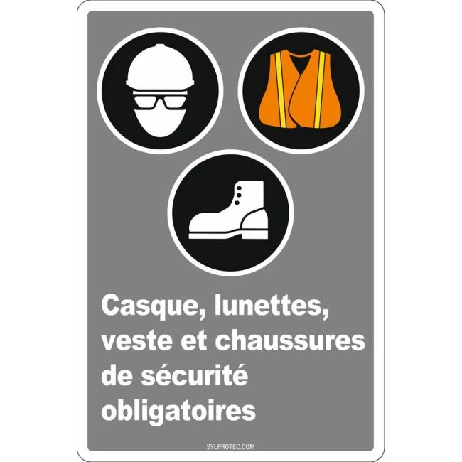 French CDN " Wearing a helmet, glasses, bib and boots is mandatory " sign: many sizes, shapes, materials & languages