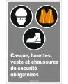 French CDN " Wearing a helmet, glasses, bib and boots is mandatory " sign: many sizes, shapes, materials & languages