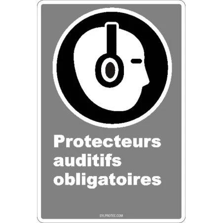 French CDN "Hearing Protection Mandatory" sign in various sizes, materials & languages + optional features
