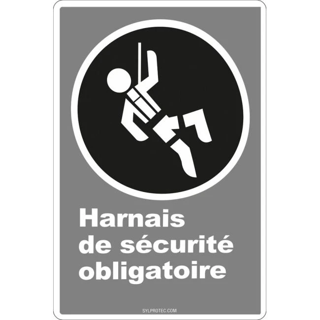 French CDN "Safety Harness Mandatory" sign in various sizes, shapes, materials & languages + optional features