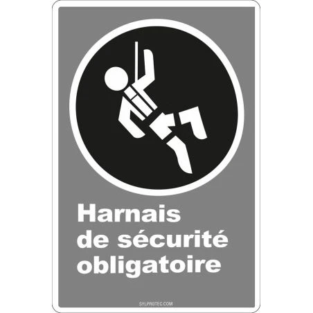 French CDN "Safety Harness Mandatory" sign in various sizes, shapes, materials & languages + optional features