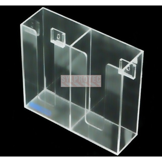 Clear acrylic glove box holder with 2 vertical bins, for wall mounting or table mounting.