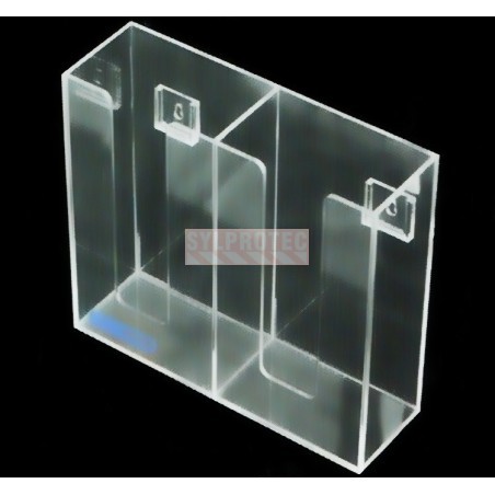 Clear acrylic glove box holder with 2 vertical bins, for wall mounting or table mounting.