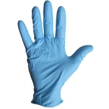 3.8 mils ambidextrous powder-free blue nitrile disposable gloves approved by the CFIA & AAC. Size: small (7) to XL (10)