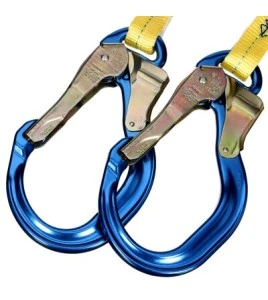 DBI-SALA 3M twin-leg Y web shock-absorbing lanyard, close-up of both aluminum hooks