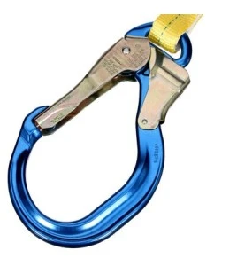 DBI-SALA 3M twin-leg Y web shock-absorbing lanyard, close-up of the central snap hook