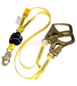 DBI-SALA 3M twin-leg Y web shock-absorbing lanyard, angled view of snap hook