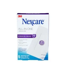 Front view of the Nexcare H3564-CA package of five all-in-one adhesive dressings with pads.