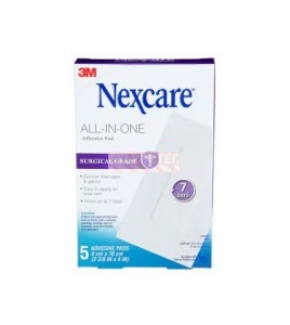 Emballage Nexcare H3564-CA de cinq pansements avec compresse tout-en-un, vue de face.