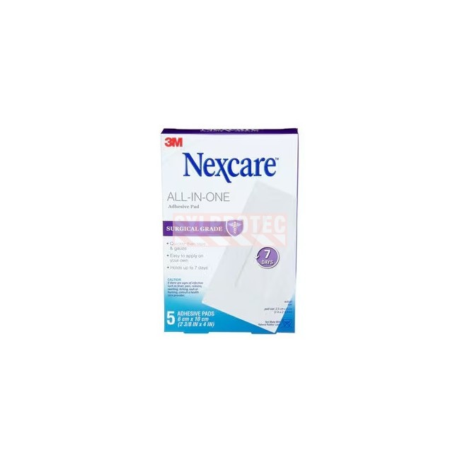 Emballage Nexcare H3564-CA de cinq pansements avec compresse tout-en-un, vue de face.