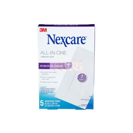 Emballage Nexcare H3564-CA de cinq pansements avec compresse tout-en-un, vue de face.