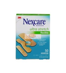 Emballage Nexcare CS201-CA Ultra Stretch de 50 pansements assortis, face anglaise.