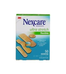Emballage Nexcare CS201-CA Ultra Stretch de 50 pansements assortis, face anglaise.