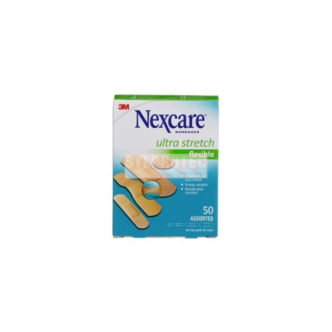 Emballage Nexcare CS201-CA Ultra Stretch de 50 pansements assortis, face anglaise.