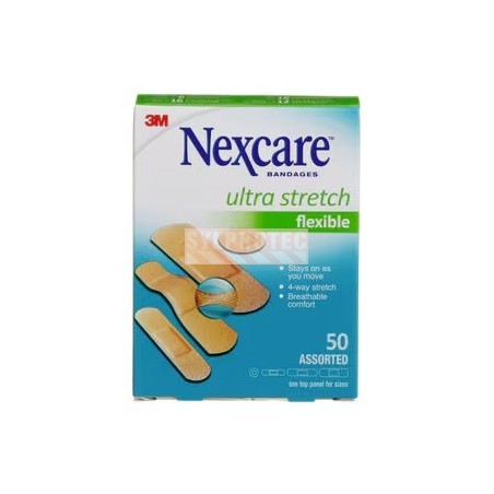 Emballage Nexcare CS201-CA Ultra Stretch de 50 pansements assortis, face anglaise.