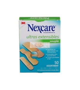 Emballage Nexcare CS201-CA de 50 pansements ultras extensibles assortis, face française.