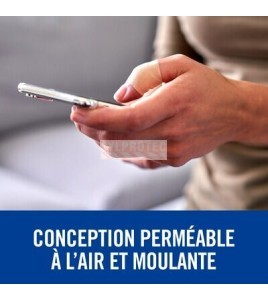 Pansement Nexcare CS201-CA sur un doigt utilisant un téléphone, illustration de la souplesse.