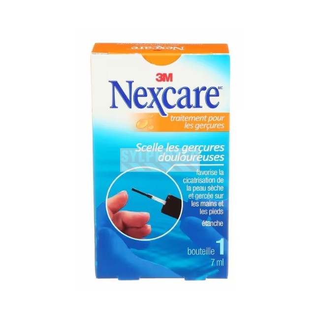Emballage du traitement liquide Nexcare 112-CA pour gerçures, vue de face en français.