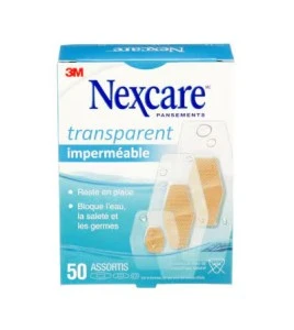 Nexcare clear waterproof 432-50-CA box, 50 assorted bandages, French side