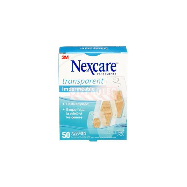 Boîte Nexcare transparent imperméable 432-50-CA, 50 pansements assortis, face française