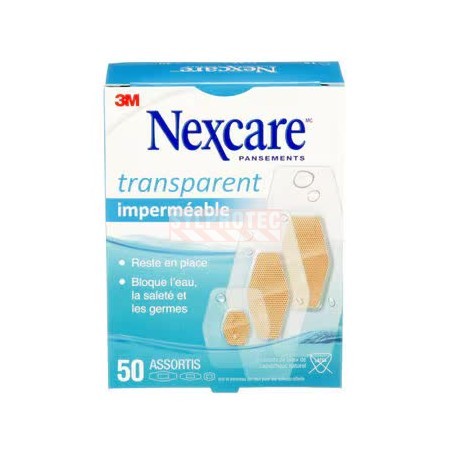 Boîte Nexcare transparent imperméable 432-50-CA, 50 pansements assortis, face française