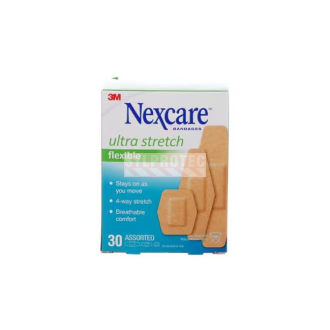 Boîte Nexcare ultra stretch flexible 576-30PB-CA, 30 pansements assortis, face anglaise