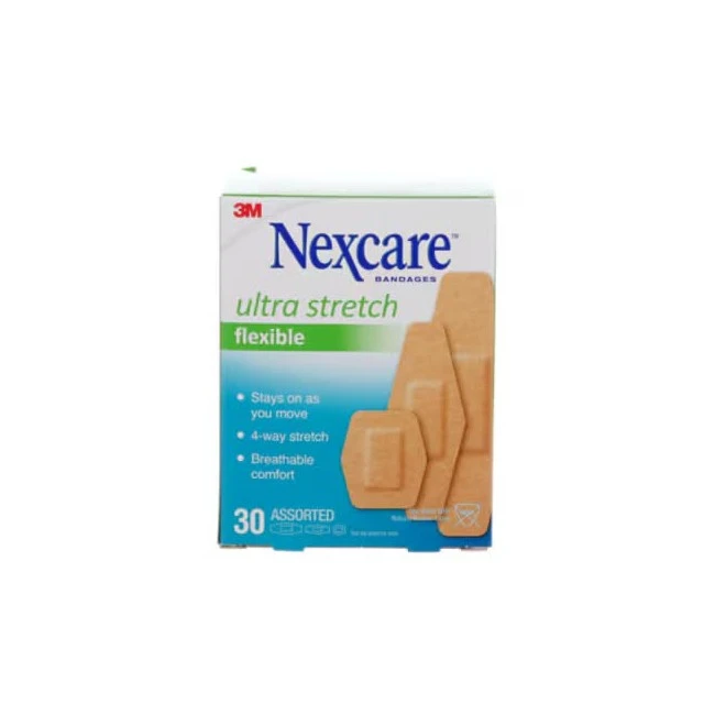 Boîte Nexcare ultra stretch flexible 576-30PB-CA, 30 pansements assortis, face anglaise