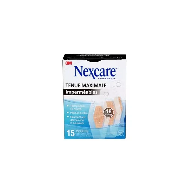 Boîte Nexcare tenue maximale imperméables MHW-15-CA, 15 pansements assortis, face française