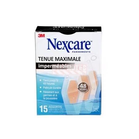 Nexcare Max Hold waterproof MHW-15-CA box, 15 assorted bandages, French side