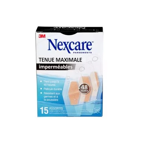 Boîte Nexcare tenue maximale imperméables MHW-15-CA, 15 pansements assortis, face française