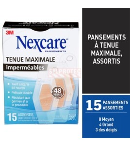 Boîte Nexcare MHW-15-CA et répartition des 15 pansements : 8 moyens, 4 grands, 3 bouts de doigts