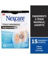 Boîte Nexcare MHW-15-CA et répartition des 15 pansements : 8 moyens, 4 grands, 3 bouts de doigts
