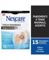 Boîte Nexcare MHW-15-CA et répartition des 15 pansements : 8 moyens, 4 grands, 3 bouts de doigts