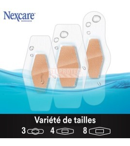 Three Nexcare MHW-15-CA bandage sizes under water, variety of sizes