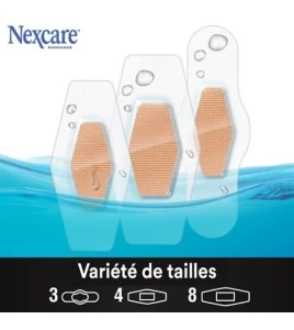 Trois formats de pansements Nexcare MHW-15-CA sous l'eau, variété de tailles