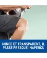 Nexcare MHW-15-CA bandage on a knee, thin and clear