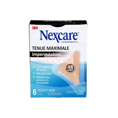 Boîte Nexcare tenue maximale imperméables MHWH-06-CA, 6 pansements talon et main, face française