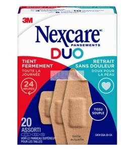 Boîte Nexcare Duo DSA-20-CA, 20 pansements assortis, face française, tient fermement et retrait sans douleur
